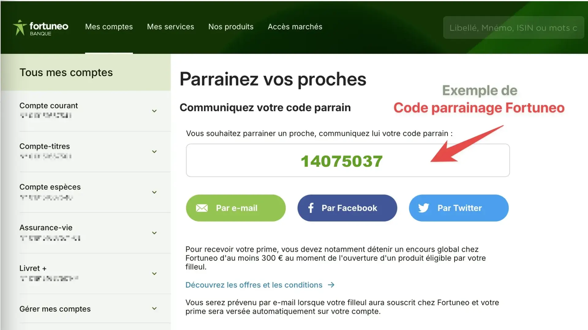 Code parrainage Fortuneo - exemple d'interface